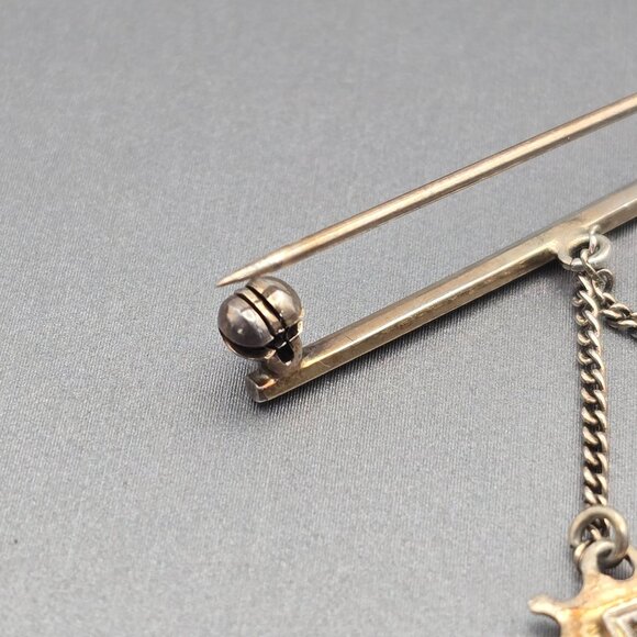 Antique 835 Silver Repousse Horn Brooch 2" Dangling Chain Rose Cut Gemstones - Picture 8 of 10